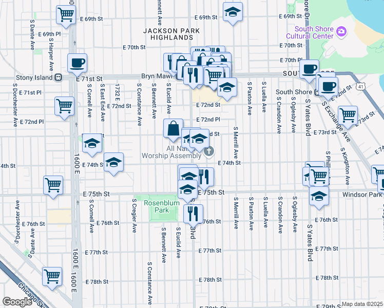 map of restaurants, bars, coffee shops, grocery stores, and more near 7355 South Jeffery Avenue in Chicago
