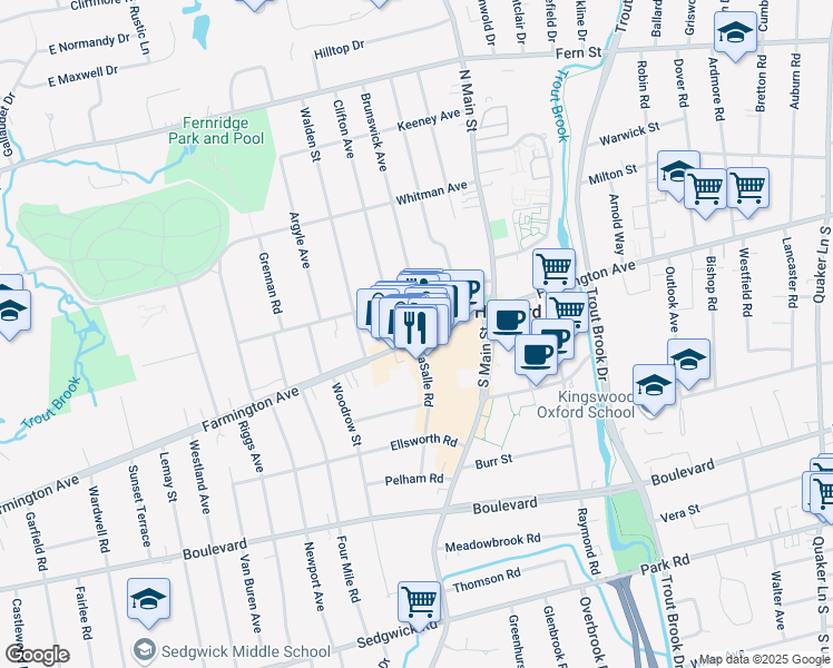 map of restaurants, bars, coffee shops, grocery stores, and more near 44 Dale Street in West Hartford