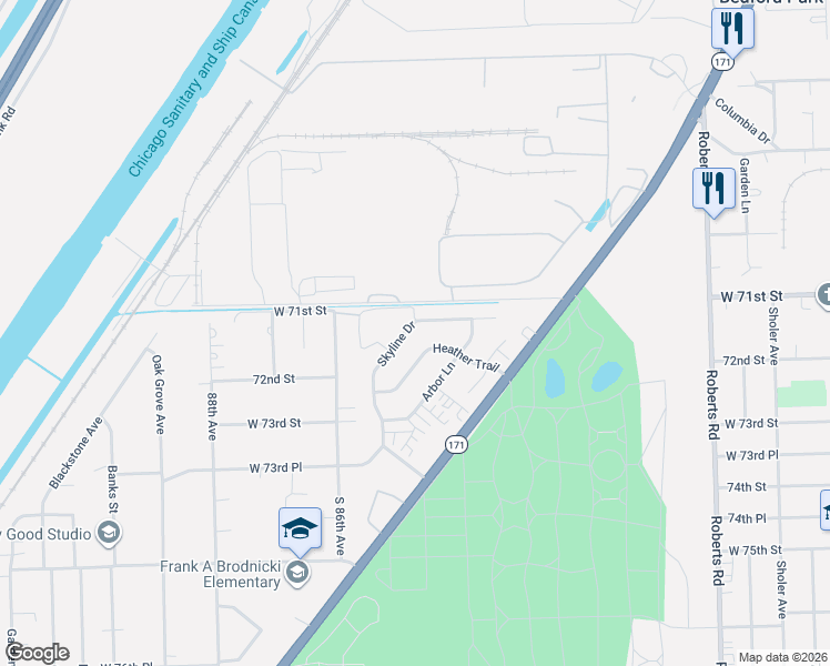 map of restaurants, bars, coffee shops, grocery stores, and more near 7245 Skyline Drive in Justice