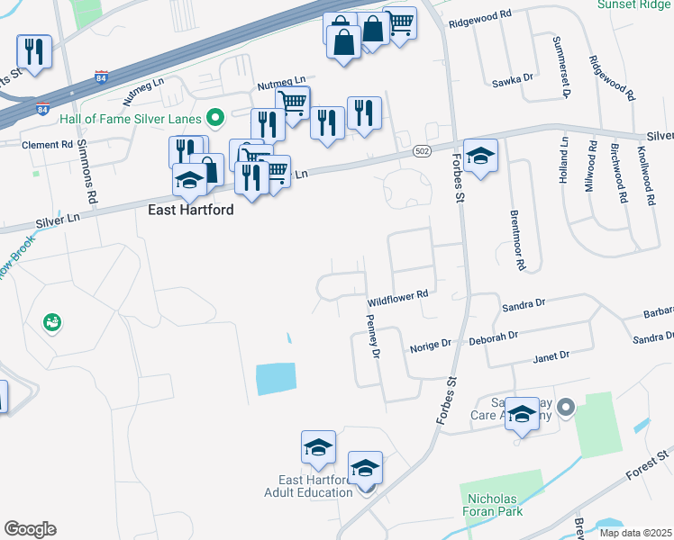 map of restaurants, bars, coffee shops, grocery stores, and more near 56 Wakefield Circle in East Hartford