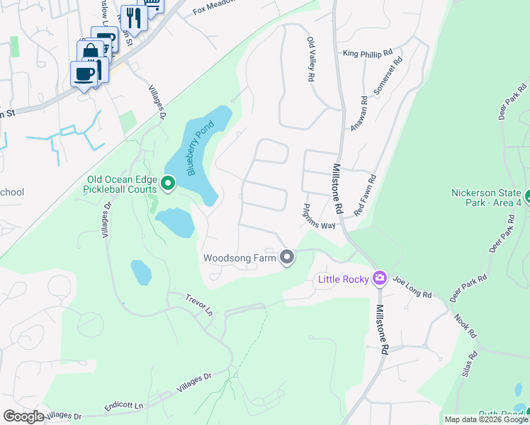 map of restaurants, bars, coffee shops, grocery stores, and more near 40 Horseshoe Way in Brewster