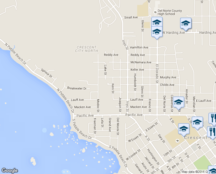 map of restaurants, bars, coffee shops, grocery stores, and more near 1241 Childs Avenue in Crescent City