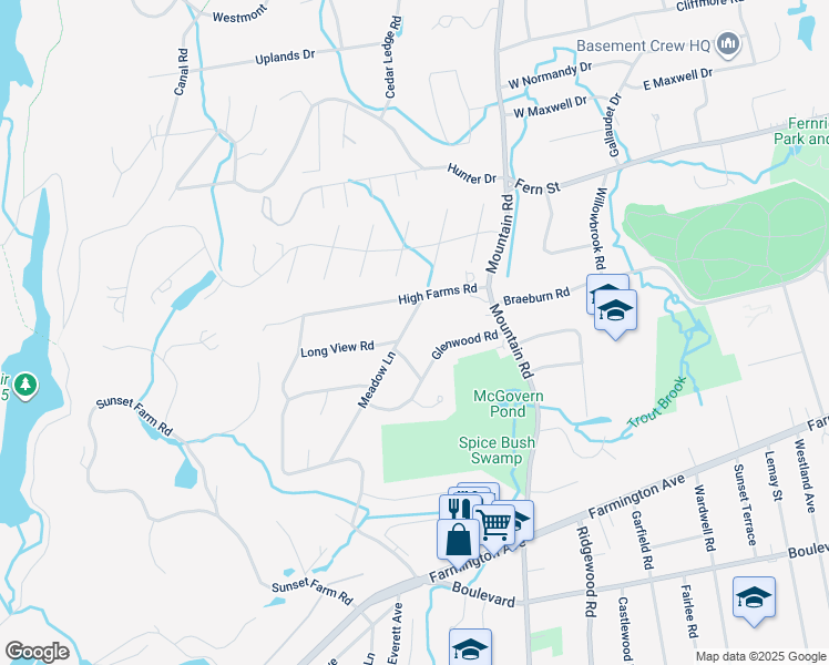 map of restaurants, bars, coffee shops, grocery stores, and more near 70 Meadow Lane in West Hartford