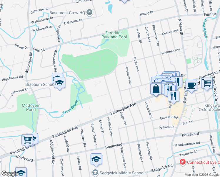 map of restaurants, bars, coffee shops, grocery stores, and more near 36 Pleasant Street in West Hartford