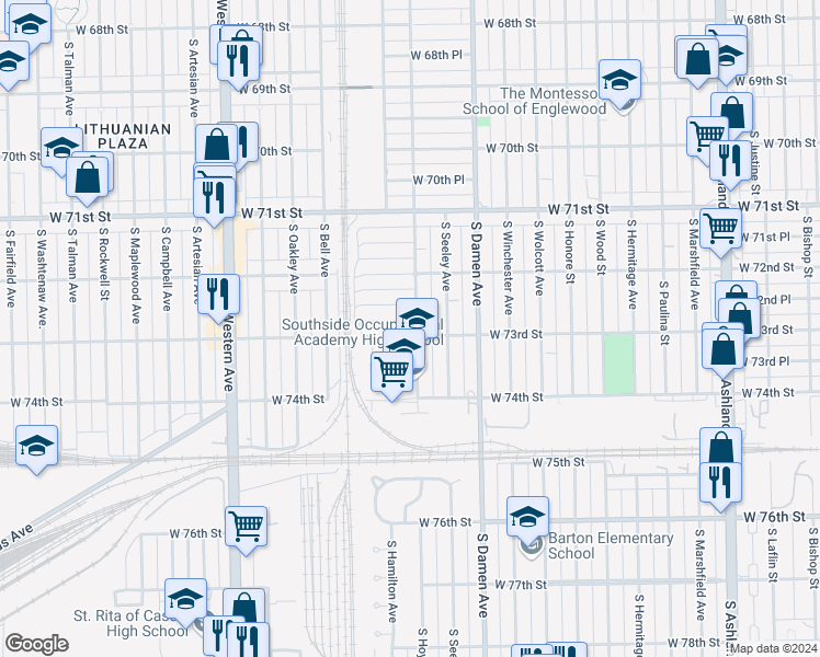 map of restaurants, bars, coffee shops, grocery stores, and more near 2102 West 73rd Street in Chicago