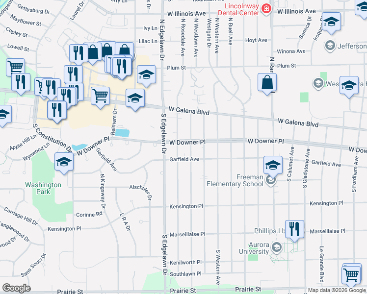 map of restaurants, bars, coffee shops, grocery stores, and more near 1710 West Downer Place in Aurora