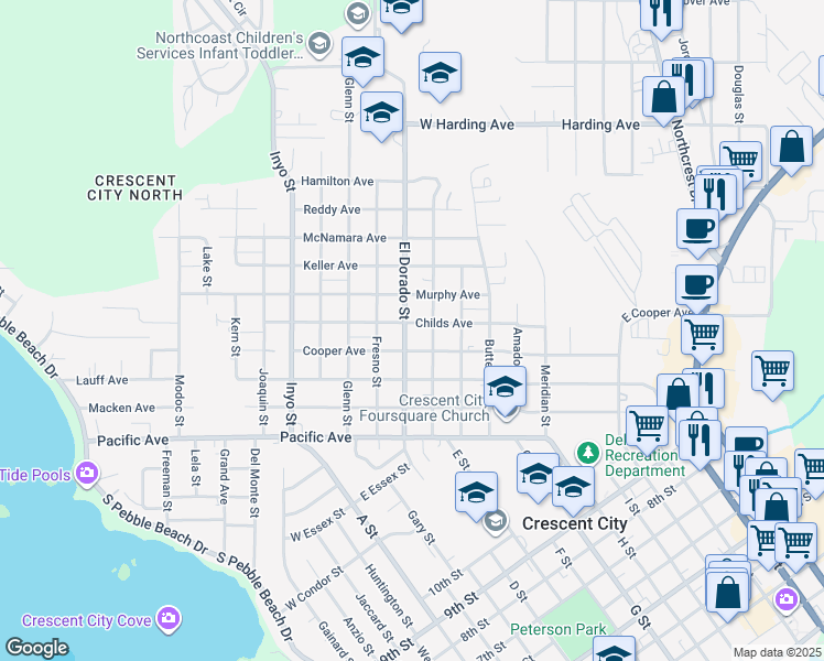 map of restaurants, bars, coffee shops, grocery stores, and more near 575 Childs Avenue in Crescent City