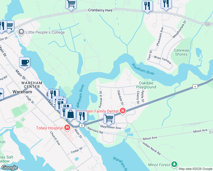 map of restaurants, bars, coffee shops, grocery stores, and more near 46 Avenue A Street in Wareham