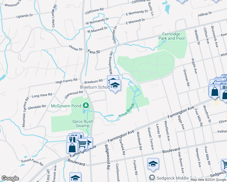 map of restaurants, bars, coffee shops, grocery stores, and more near 45 Braeburn Road in West Hartford
