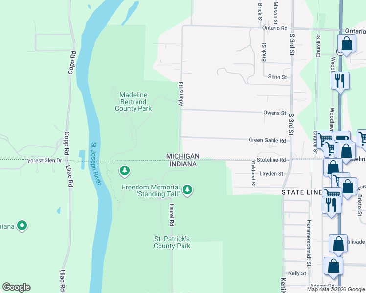 map of restaurants, bars, coffee shops, grocery stores, and more near 3161 Adams Road in Niles