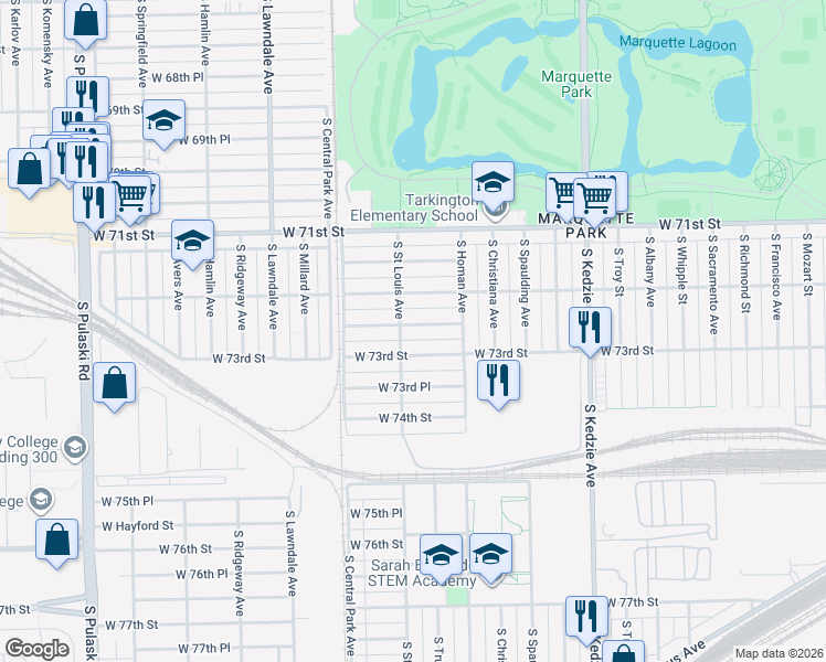 map of restaurants, bars, coffee shops, grocery stores, and more near 3449 West 72nd Place in Chicago