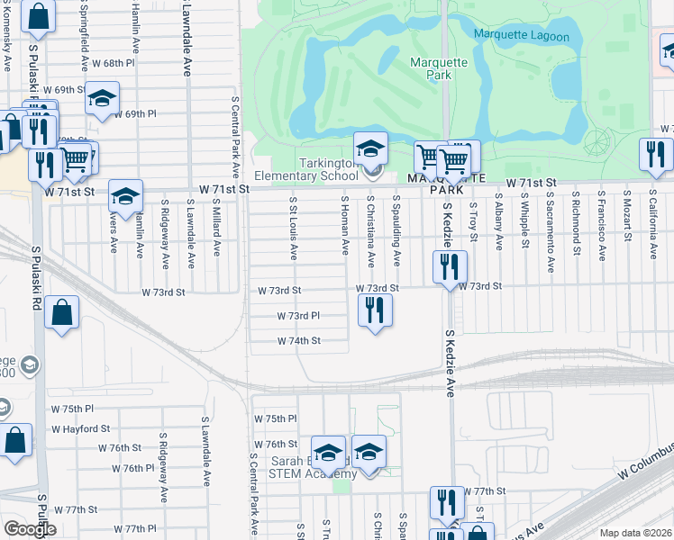 map of restaurants, bars, coffee shops, grocery stores, and more near 3407 West 72nd Place in Chicago