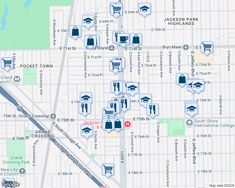 map of restaurants, bars, coffee shops, grocery stores, and more near 7334 South Stony Island Avenue in Chicago