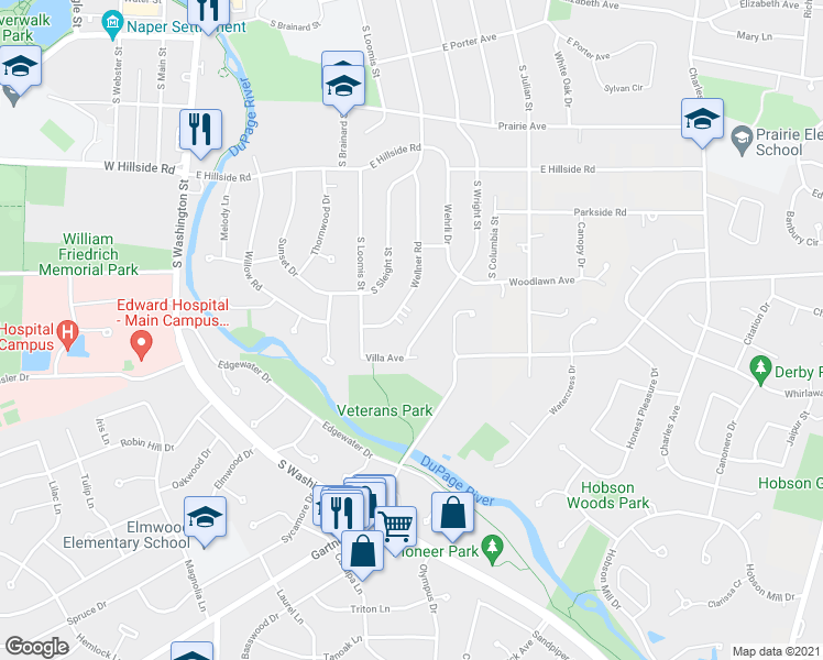 map of restaurants, bars, coffee shops, grocery stores, and more near 853 South Wright Street in Naperville