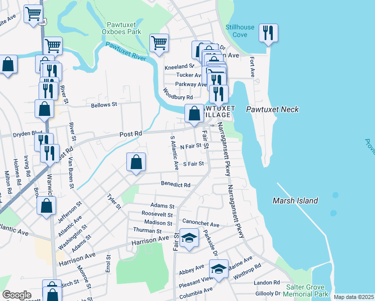 map of restaurants, bars, coffee shops, grocery stores, and more near 36 North Fair Street in Warwick