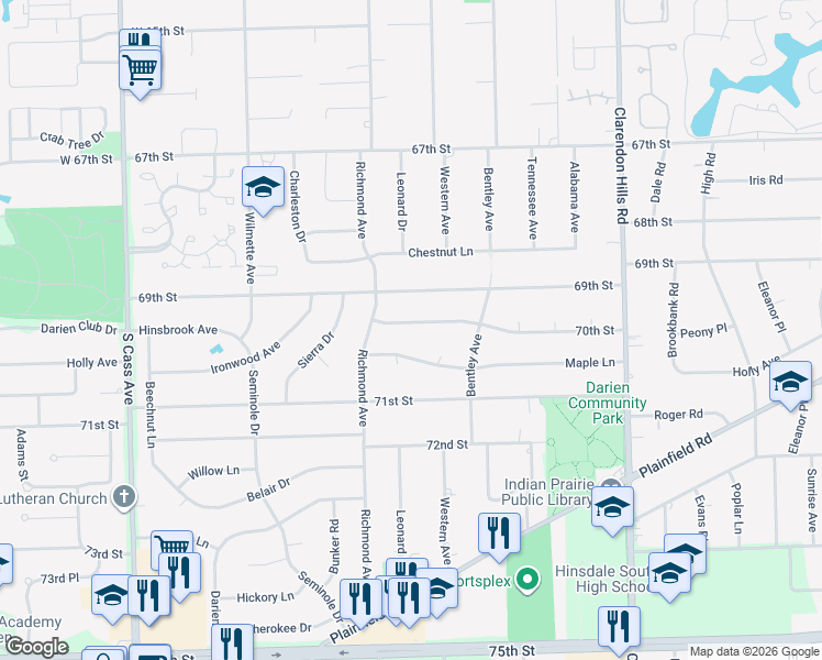 map of restaurants, bars, coffee shops, grocery stores, and more near 705 70th Street in Darien