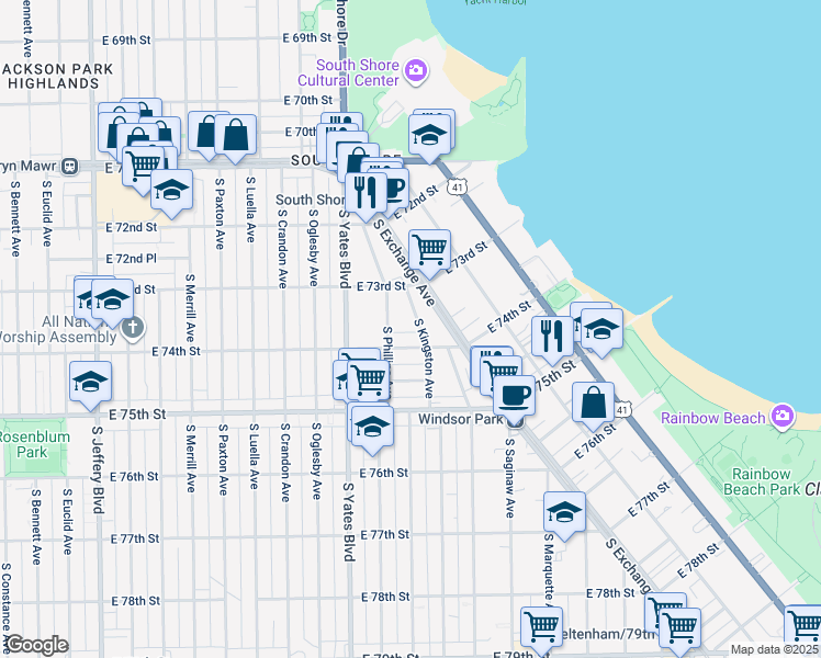 map of restaurants, bars, coffee shops, grocery stores, and more near 7336 South Kingston Avenue in Chicago