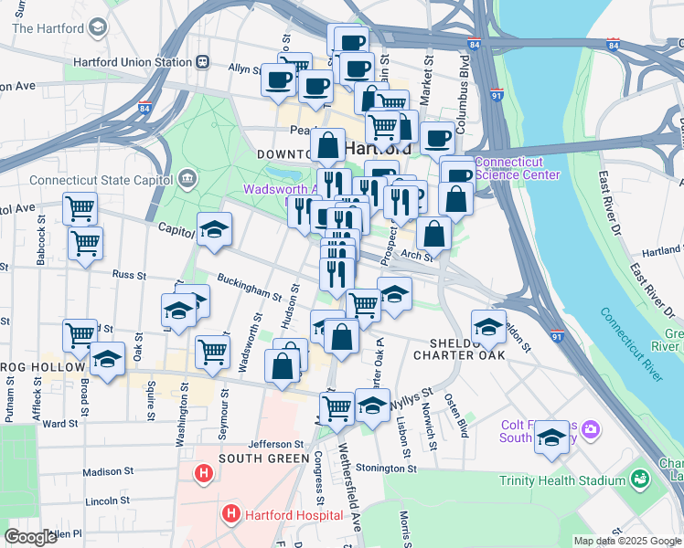 map of restaurants, bars, coffee shops, grocery stores, and more near 1 Linden Place in Hartford