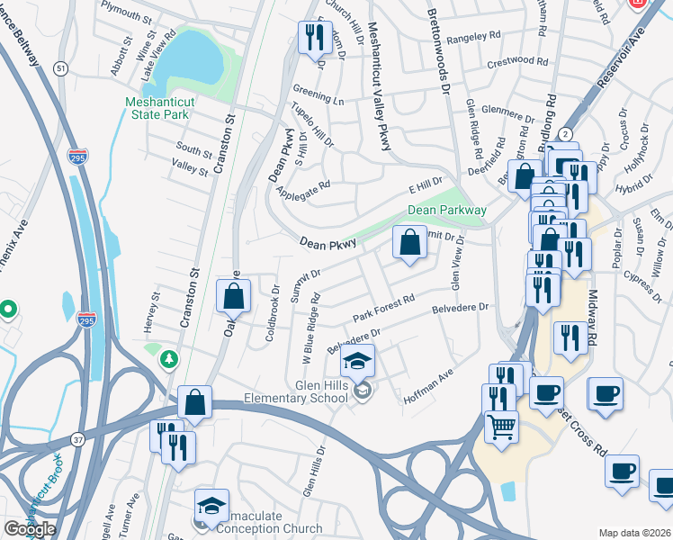 map of restaurants, bars, coffee shops, grocery stores, and more near 170 Summit Drive in Cranston