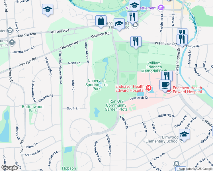 map of restaurants, bars, coffee shops, grocery stores, and more near 735 South West Street in Naperville