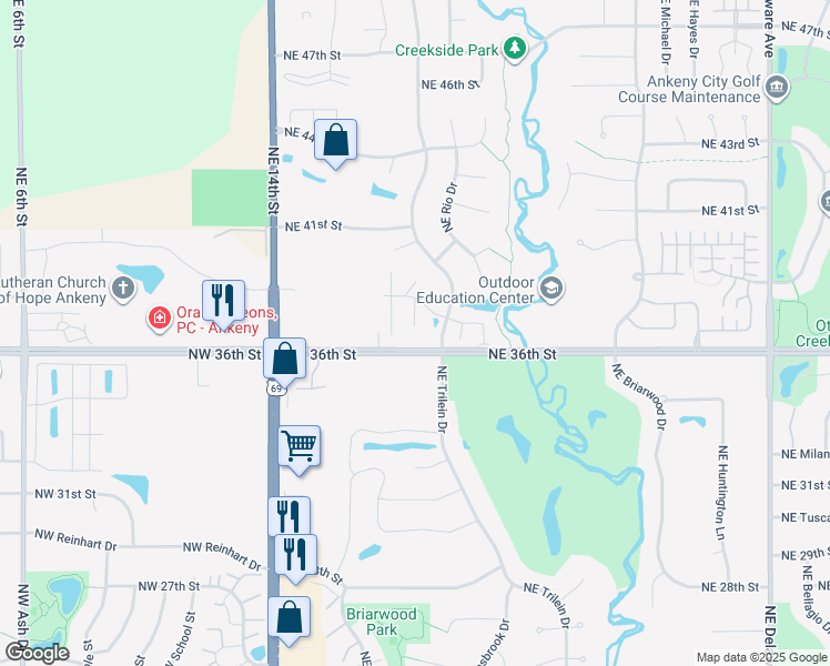 map of restaurants, bars, coffee shops, grocery stores, and more near 350 Northeast 36th Street in Ankeny