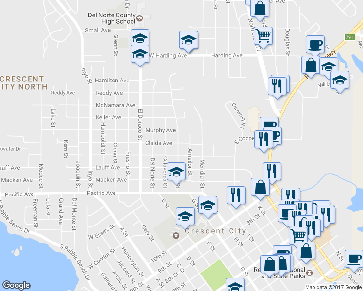 map of restaurants, bars, coffee shops, grocery stores, and more near 440 Butte Street in Crescent City