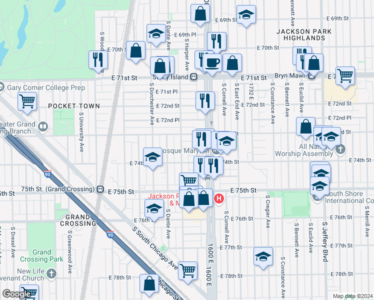 map of restaurants, bars, coffee shops, grocery stores, and more near 1509 East 73rd Street in Chicago