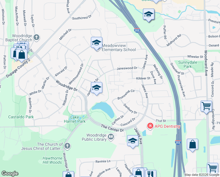 map of restaurants, bars, coffee shops, grocery stores, and more near 11 Wintergreen Court in Woodridge