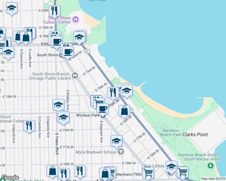 map of restaurants, bars, coffee shops, grocery stores, and more near 7432 South South Shore Drive in Chicago