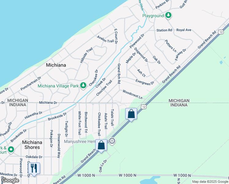 map of restaurants, bars, coffee shops, grocery stores, and more near 4104 Chippewa Trail in Michiana
