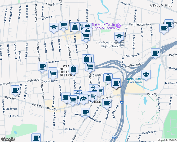map of restaurants, bars, coffee shops, grocery stores, and more near 119 Sisson Avenue in Hartford