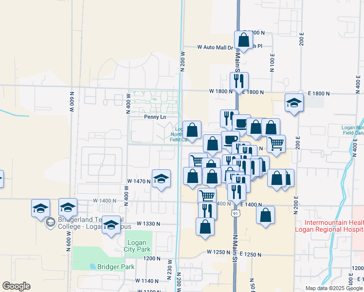 map of restaurants, bars, coffee shops, grocery stores, and more near 1593 North 160 West in Logan