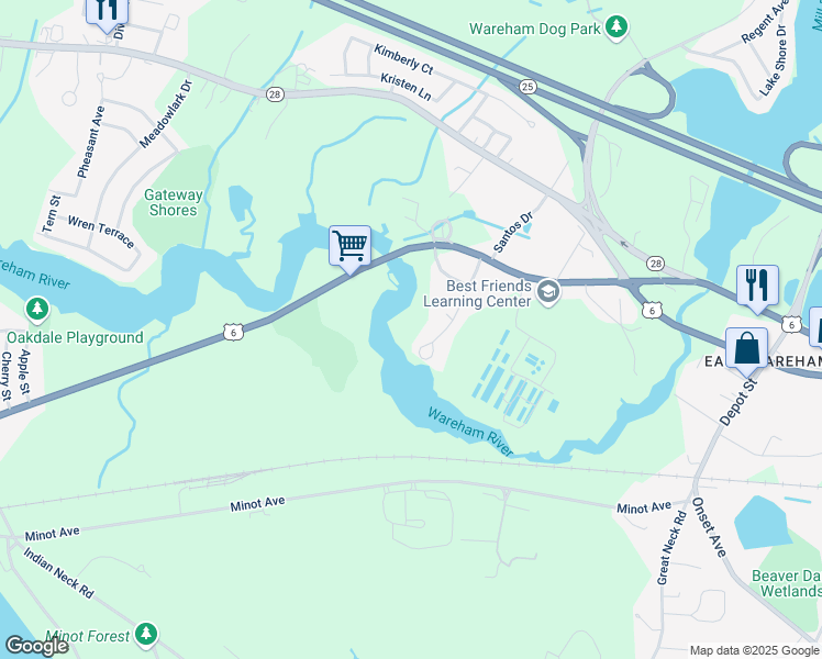 map of restaurants, bars, coffee shops, grocery stores, and more near 19 Linwood Avenue in Wareham