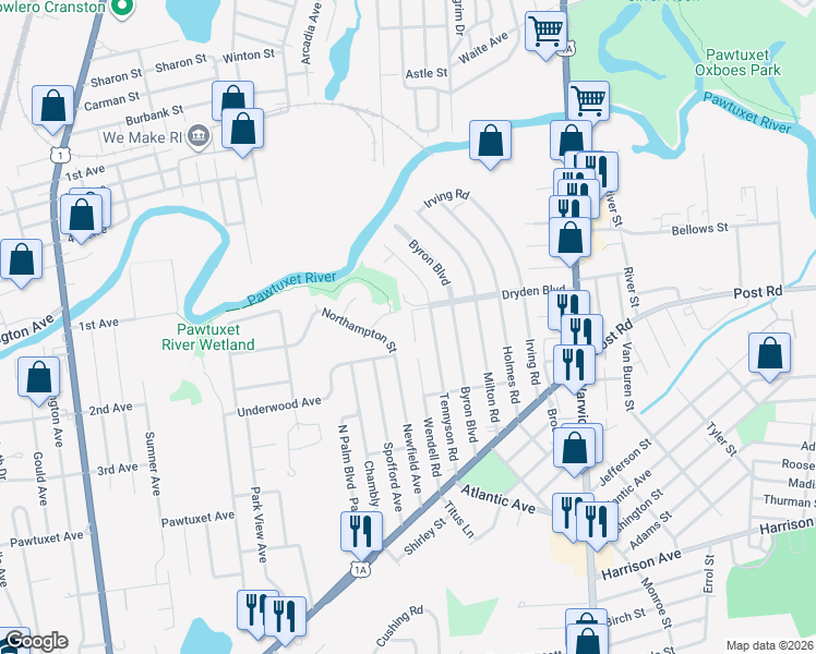 map of restaurants, bars, coffee shops, grocery stores, and more near 6 Bourbon Place in Warwick
