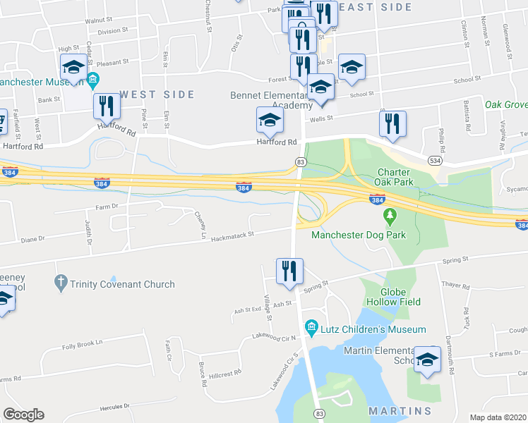map of restaurants, bars, coffee shops, grocery stores, and more near 26 Mulberry Lane in Manchester