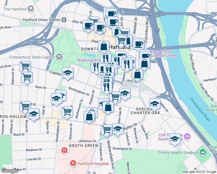 map of restaurants, bars, coffee shops, grocery stores, and more near 1 Linden Place in Hartford
