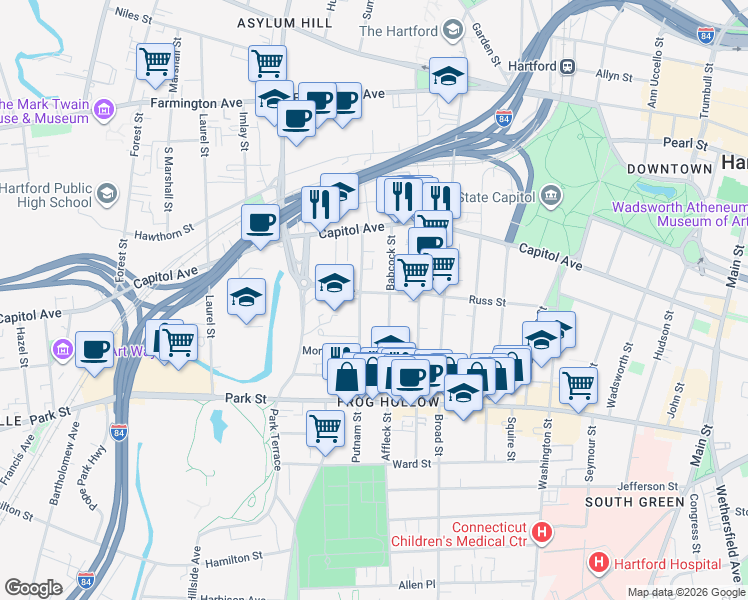 map of restaurants, bars, coffee shops, grocery stores, and more near 191 Russ Street in Hartford