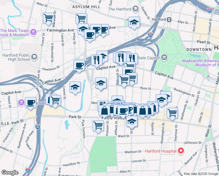 map of restaurants, bars, coffee shops, grocery stores, and more near 191 Russ Street in Hartford
