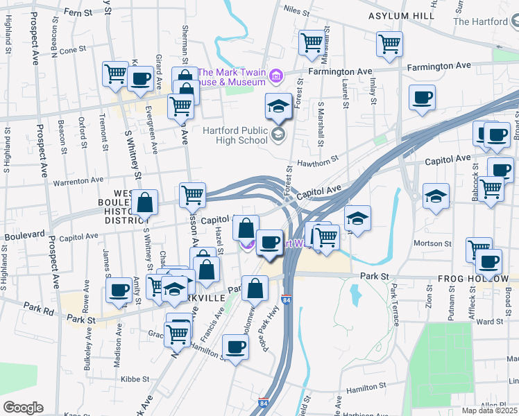 map of restaurants, bars, coffee shops, grocery stores, and more near 760 Capitol Avenue in Hartford