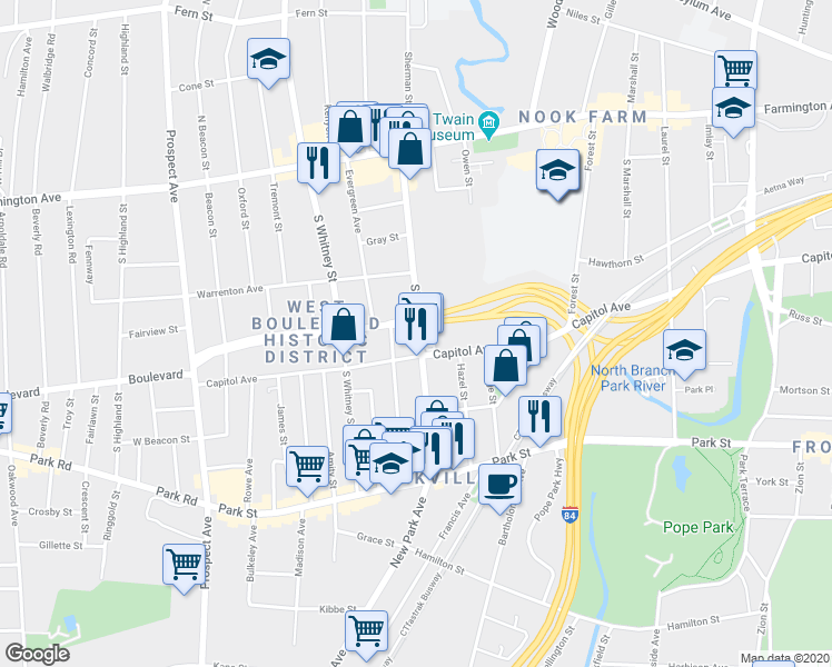 map of restaurants, bars, coffee shops, grocery stores, and more near 118 Sisson Avenue in Hartford
