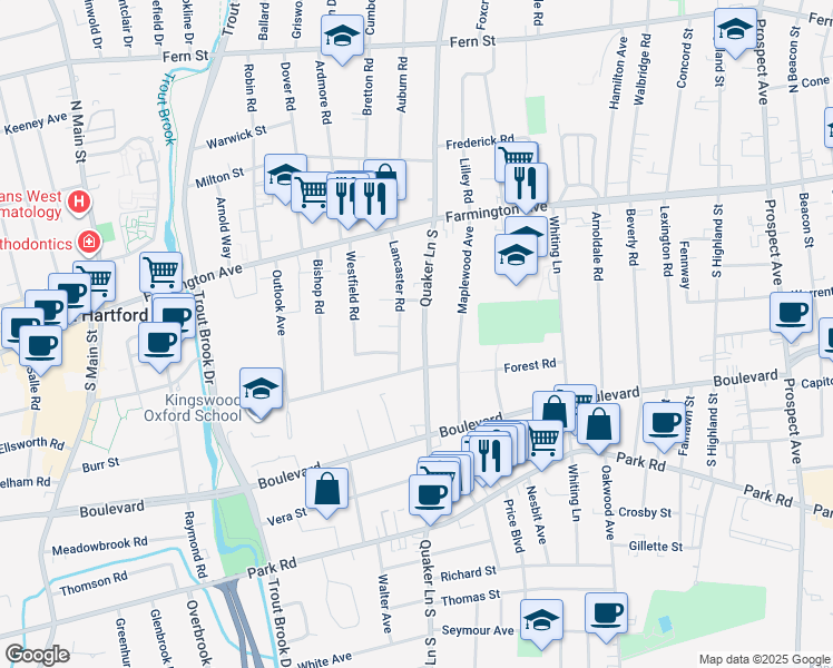map of restaurants, bars, coffee shops, grocery stores, and more near 92 Quaker Lane South in West Hartford