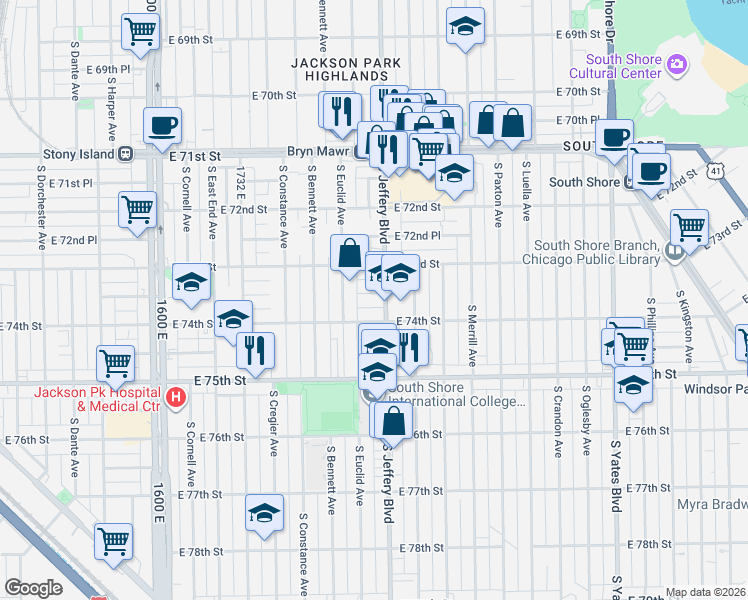 map of restaurants, bars, coffee shops, grocery stores, and more near 7355 South Jeffery Boulevard in Chicago