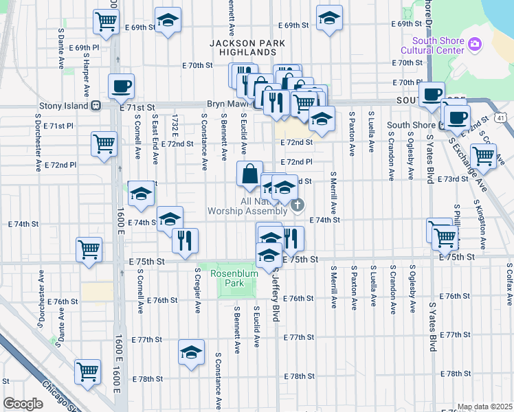 map of restaurants, bars, coffee shops, grocery stores, and more near 7333 South Euclid Avenue in Chicago