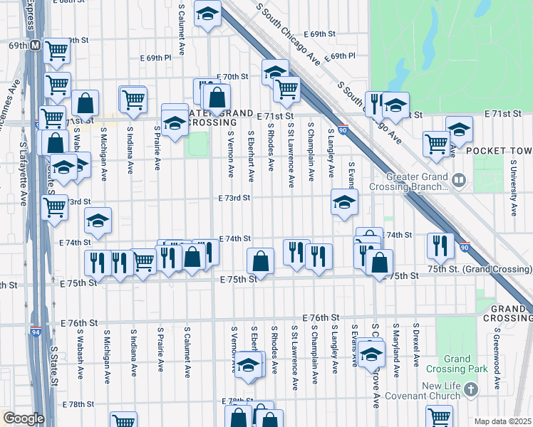 map of restaurants, bars, coffee shops, grocery stores, and more near 7320 South Rhodes Avenue in Chicago