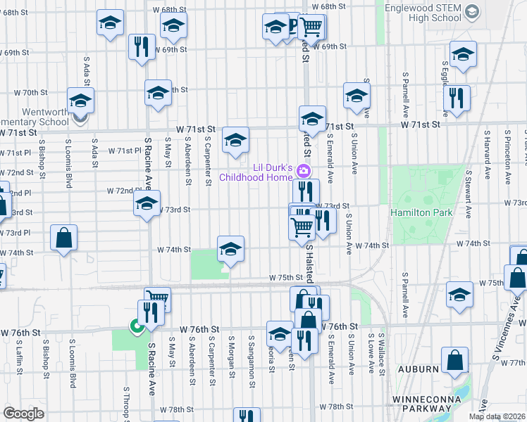 map of restaurants, bars, coffee shops, grocery stores, and more near 7303 South Peoria Street in Chicago