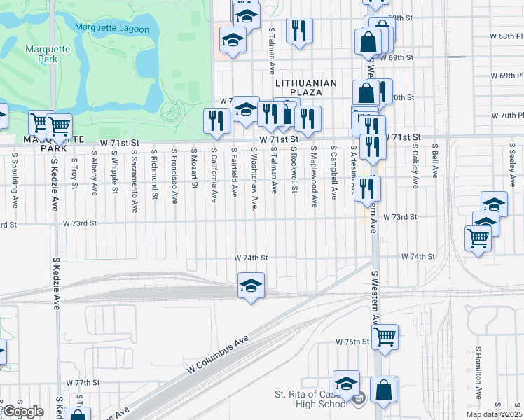 map of restaurants, bars, coffee shops, grocery stores, and more near 7243 South Washtenaw Avenue in Chicago