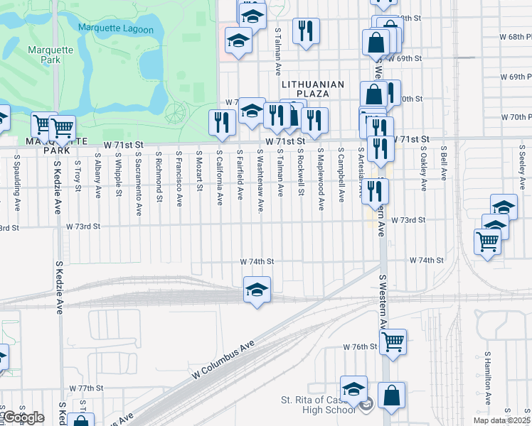 map of restaurants, bars, coffee shops, grocery stores, and more near 7243 South Washtenaw Avenue in Chicago
