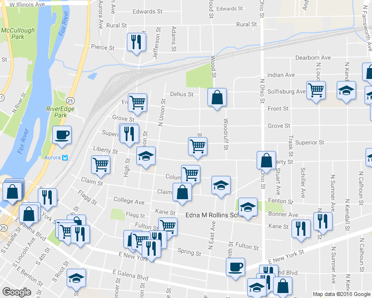 map of restaurants, bars, coffee shops, grocery stores, and more near 757 Superior Street in Aurora