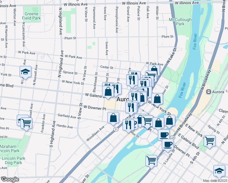 map of restaurants, bars, coffee shops, grocery stores, and more near 350 West New York Street in Aurora