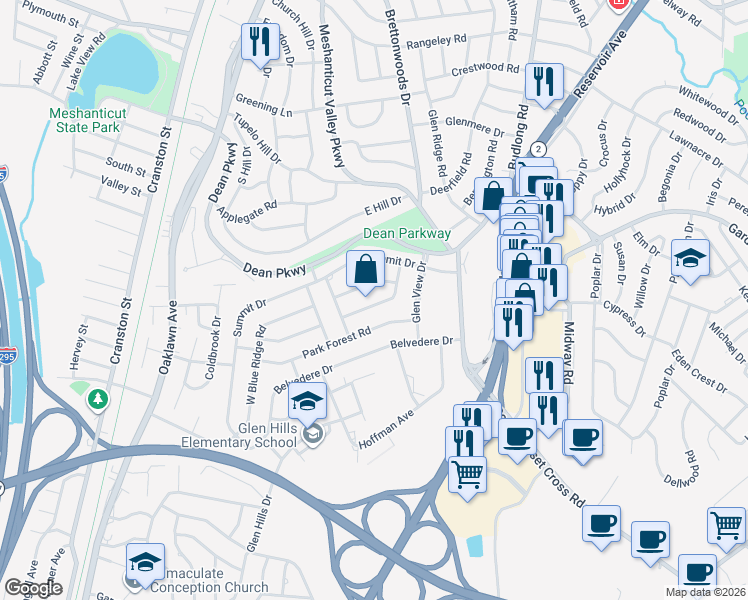 map of restaurants, bars, coffee shops, grocery stores, and more near 39 East Bel Air Road in Cranston